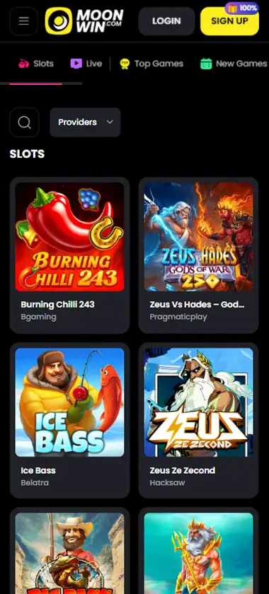 Moon Win Casino mobile slots interface screenshot showing slot game selection with popular titles and filtering options - captured during platform testing