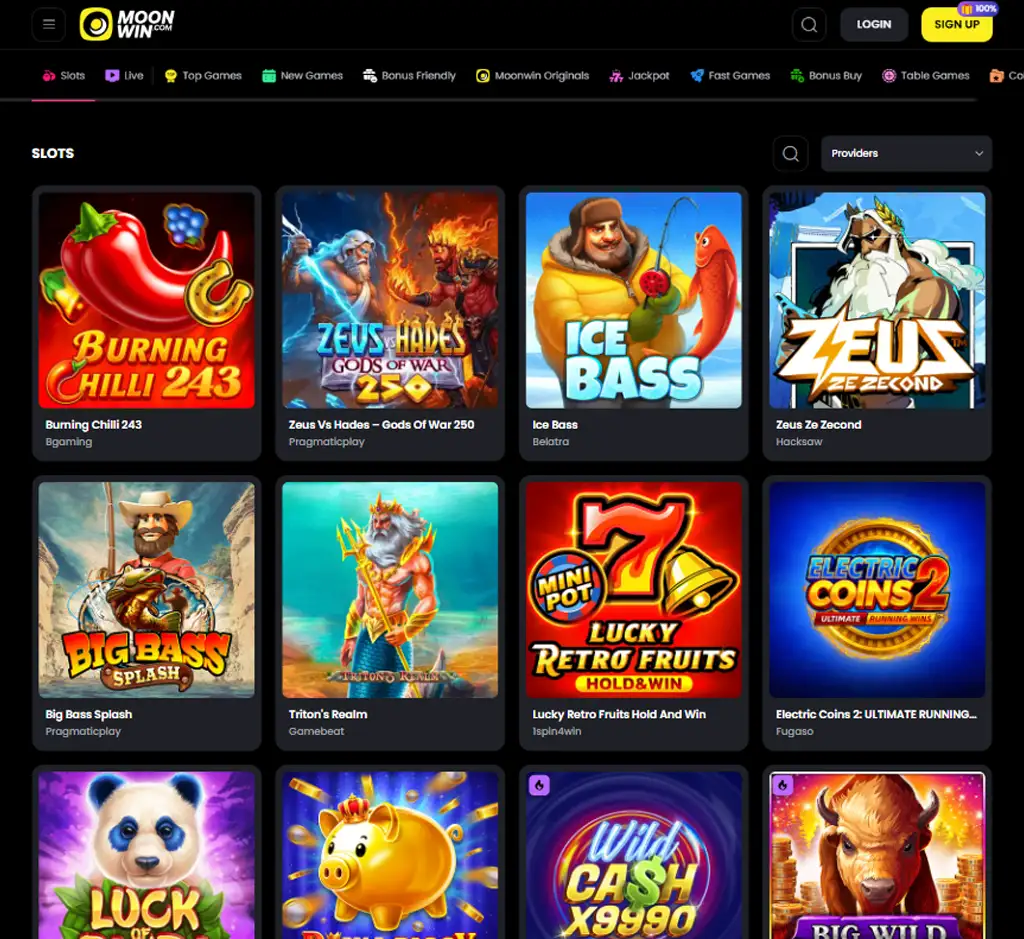 moonWin Casino desktop slots lobby screenshot presenting variety of slot games with categories and providers - verified