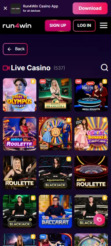Run4Win Casino mobile live casino interface screenshot showing live dealer tables including blackjack and roulette   tested