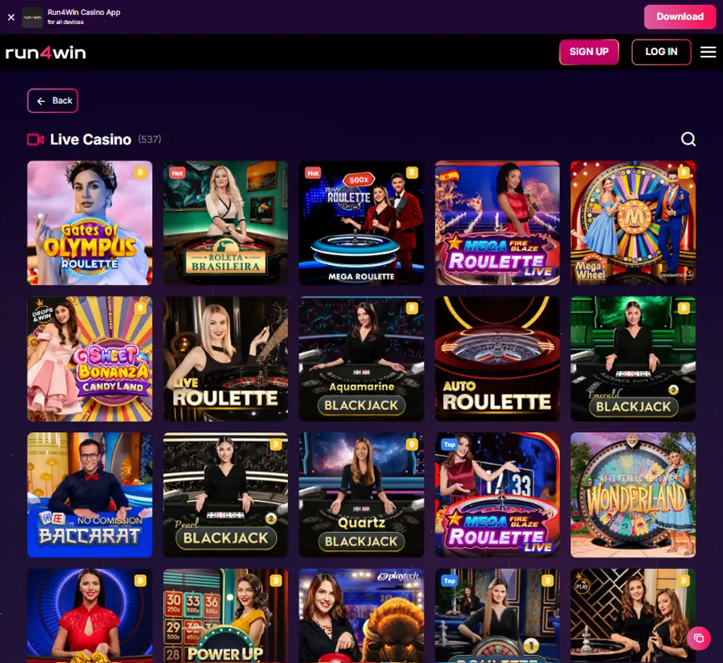 Run4Win Casino desktop live casino lobby screenshot featuring live dealer games and real time streaming interface   review testing