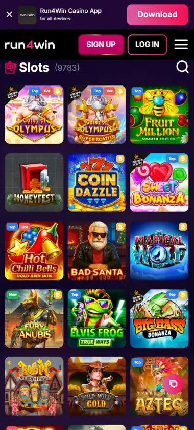 Run4Win Casino mobile slots interface screenshot showing slot game selection with popular titles and filtering options   captured during platform testing