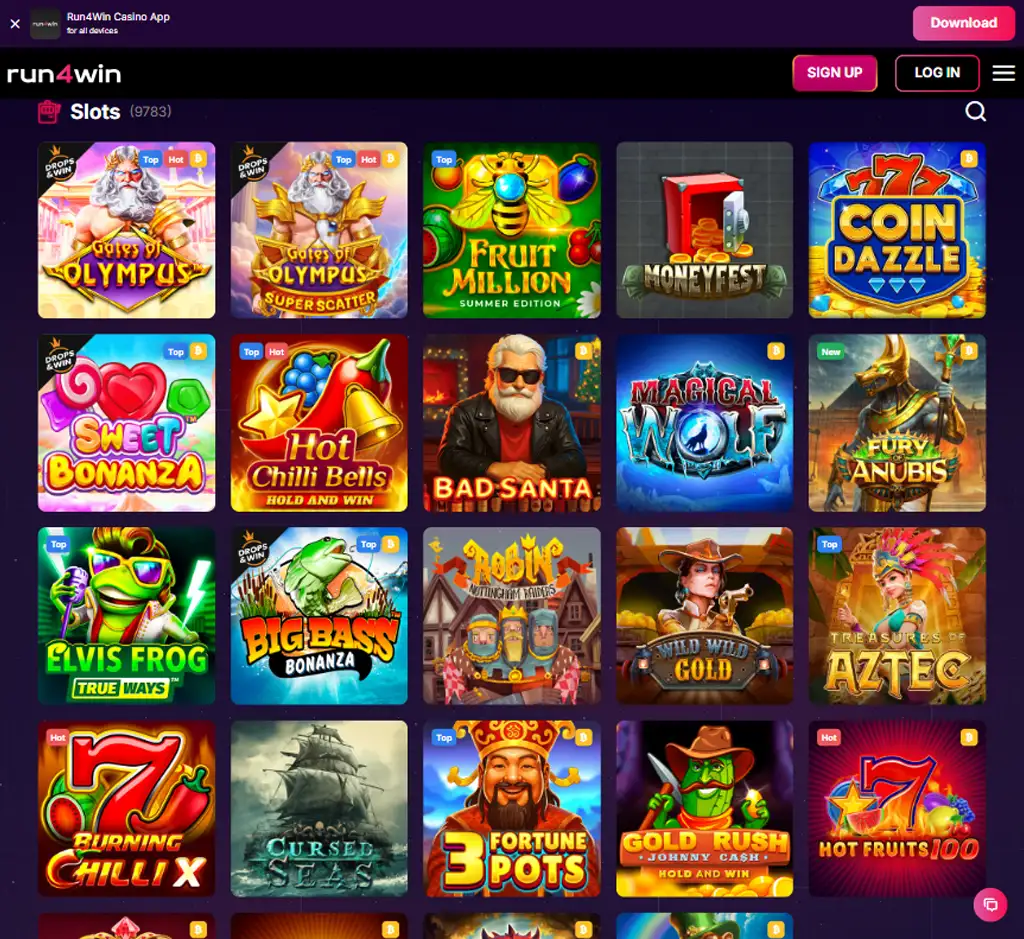 Run4Win Casino desktop slots lobby screenshot presenting variety of slot games with categories and providers   verified