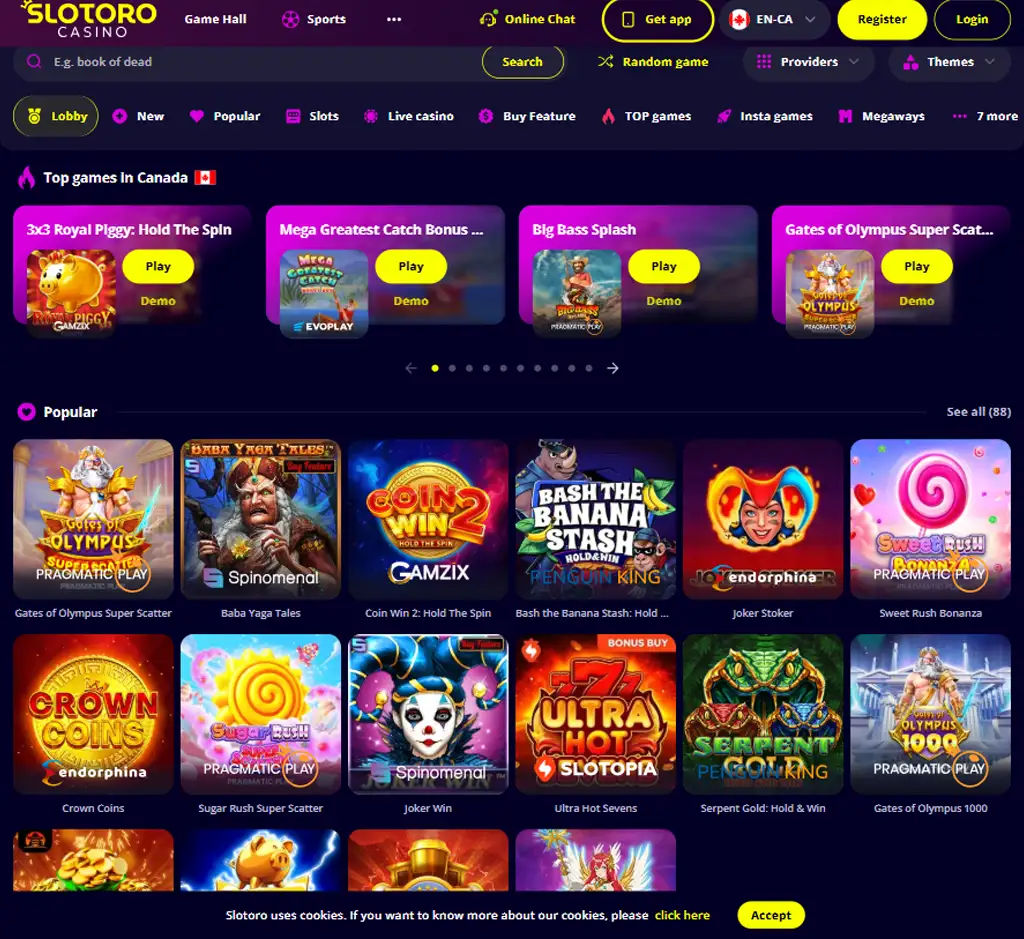 Slotoro Casino desktop homepage screenshot displaying main casino lobby with featured games, promotions and navigation menu   tested