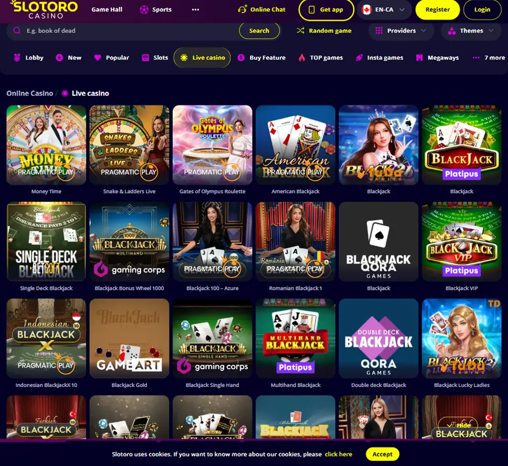 Slotoro Casino desktop live casino lobby screenshot featuring live dealer games and real time streaming interface   review testing