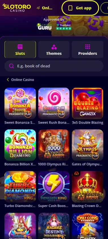 Slotoro Casino mobile slots interface screenshot showing slot game selection with popular titles and filtering options   captured during platform testing