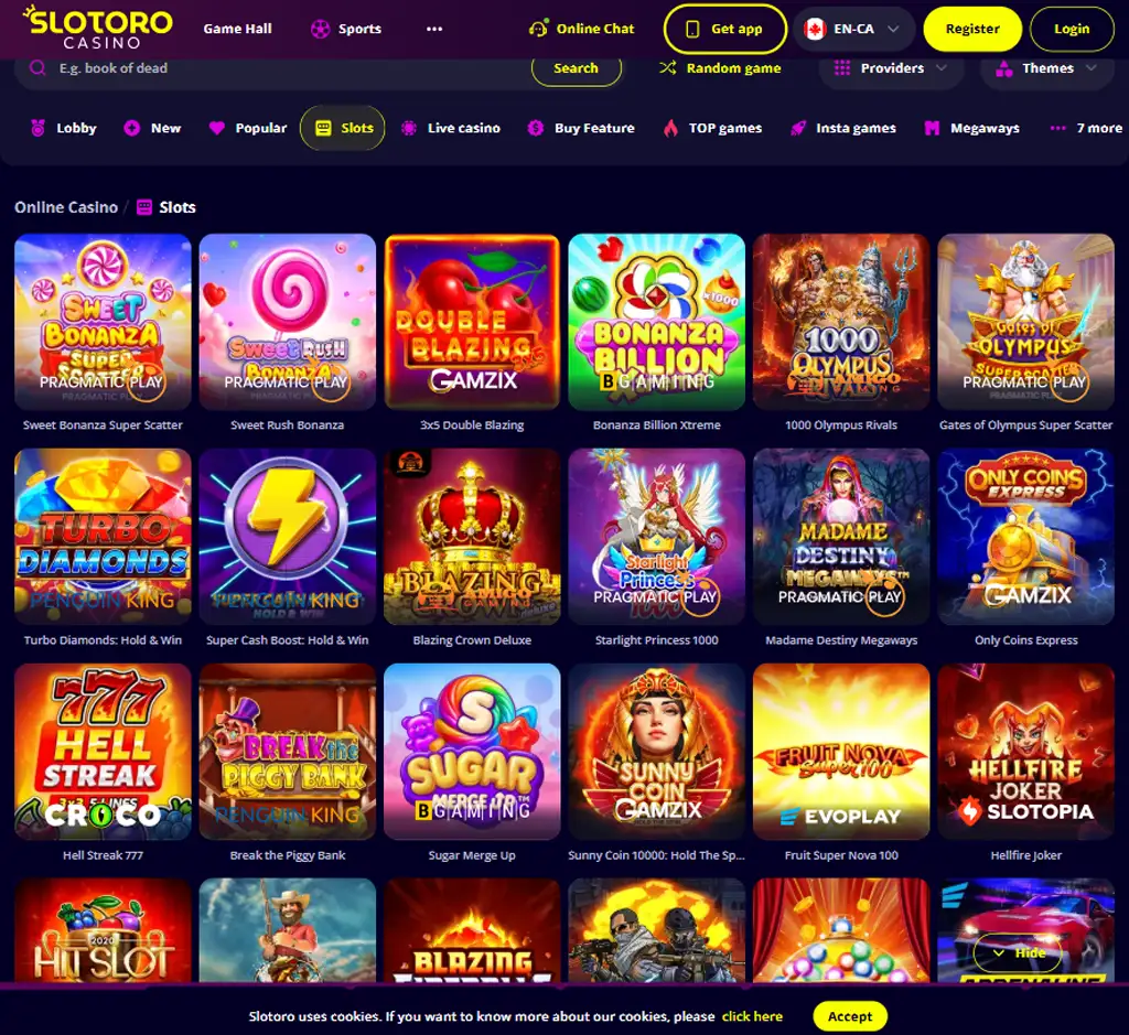 Slotoro Casino desktop slots lobby screenshot presenting variety of slot games with categories and providers   verified
