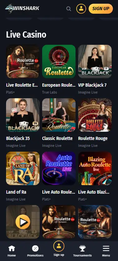 WinShark Casino mobile live casino interface screenshot showing live dealer tables including blackjack and roulette   tested