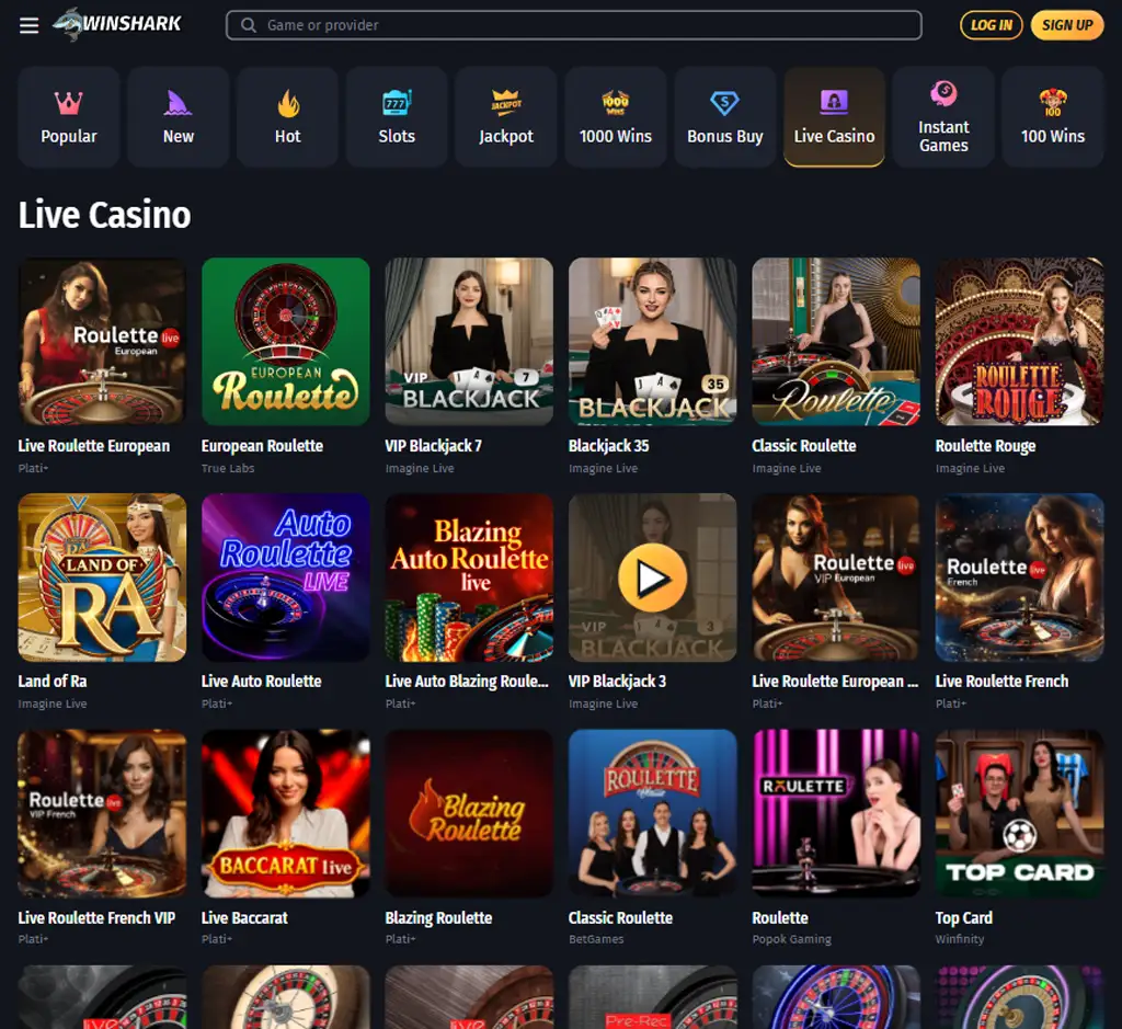 WinShark Casino desktop live casino lobby screenshot featuring live dealer games and real time streaming interface   review testing