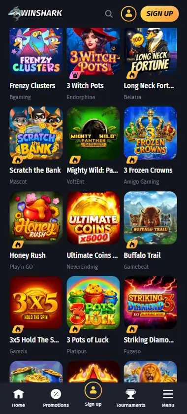 WinShark Casino mobile slots interface screenshot showing slot game selection with popular titles and filtering options   captured during platform testing