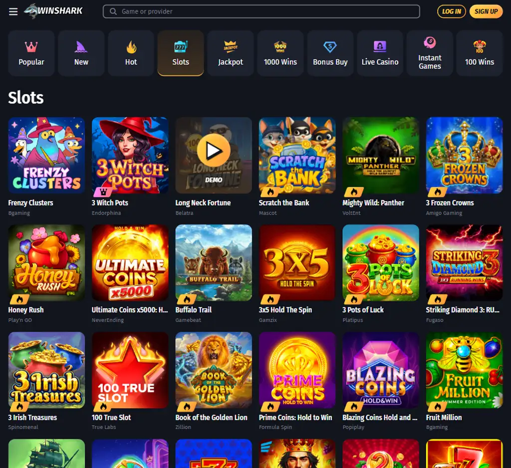 WinShark Casino desktop slots lobby screenshot presenting variety of slot games with categories and providers   verified