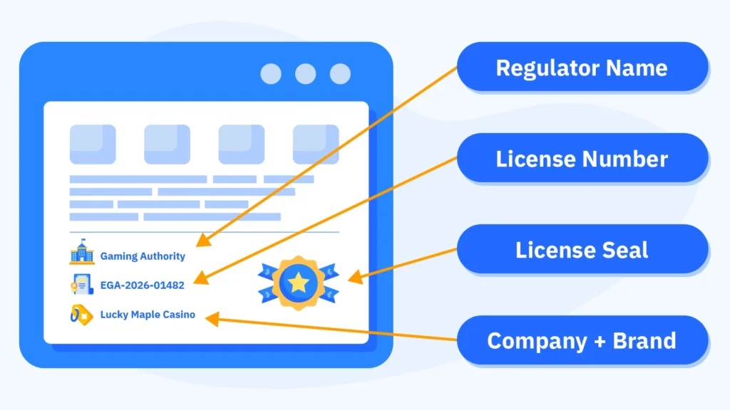 Annotated screenshot mockup showing where to locate the regulator name, license number, and license seal in an online casino's website footer