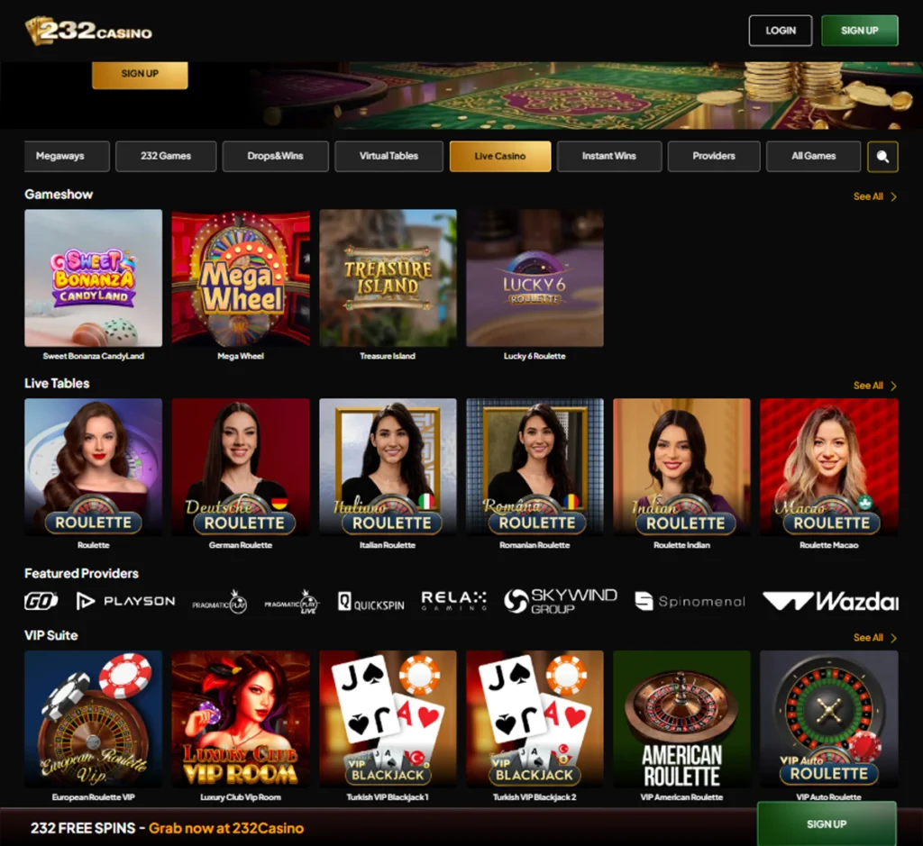 232 Casino desktop live casino lobby featuring live dealer games and real-time streaming interface - Tested