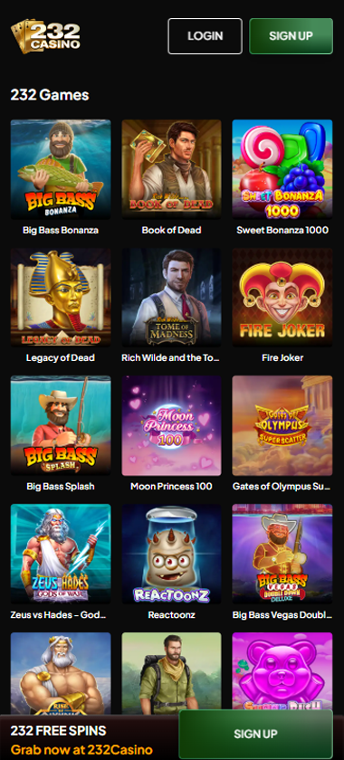 232 Casino mobile slots interface showing slot game selection with popular titles and filtering options   captured during platform testing