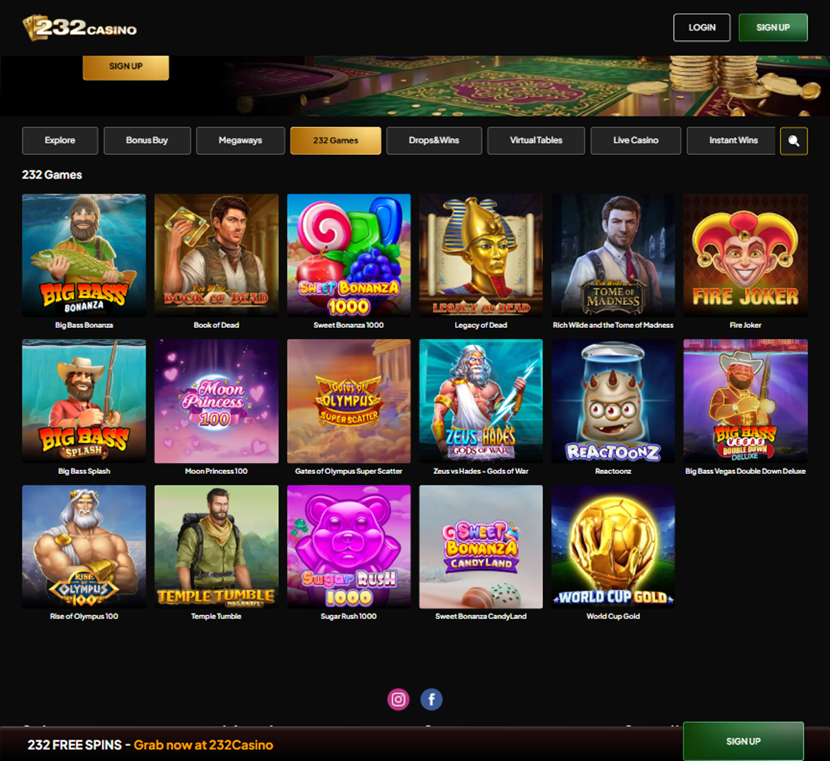 232 Casino desktop slots lobby presenting a variety of slot games with categories and providers   tested