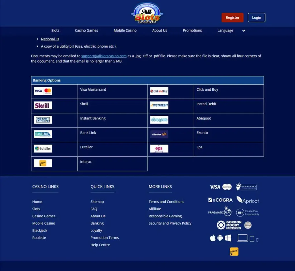 All Slots Casino desktop payment methods page displaying deposit and withdrawal options with supported banking and payment methods - tested