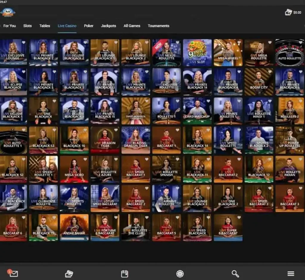 All Slots Casino desktop live casino lobby featuring live dealer games and real-time streaming interface - tested