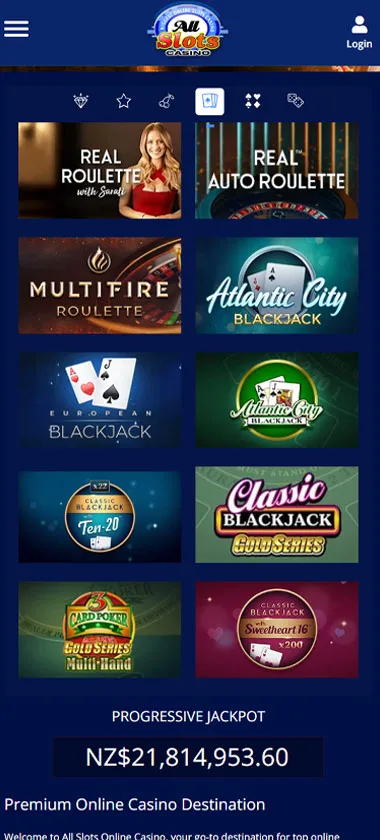 All Slots Casino mobile live casino interface showing live dealer tables including blackjack and roulette - captured during platform testing