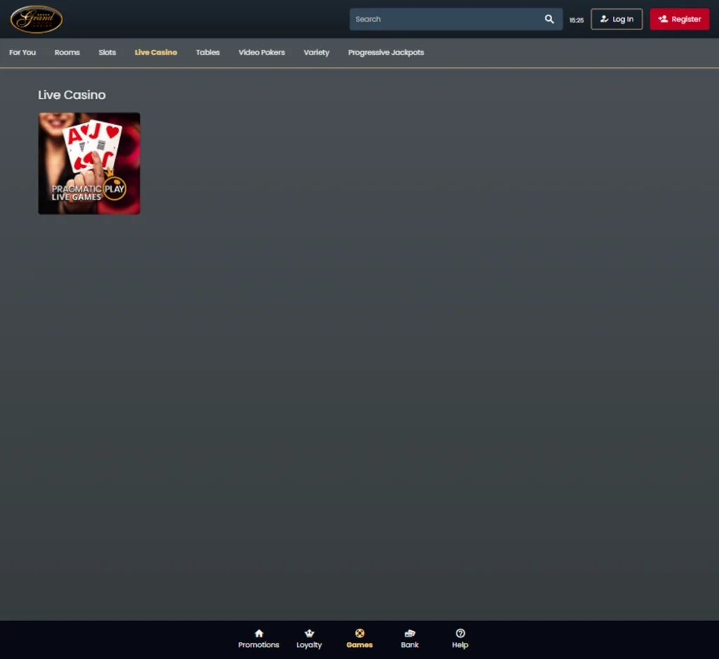 Grand Hotel Casino desktop live casino lobby featuring live dealer games and real-time streaming interface - tested