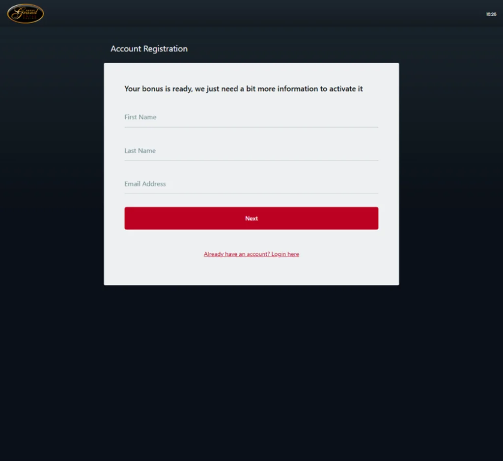 Grand Hotel Casino signup bonus page displaying new player bonus offer and promotional terms - captured during platform testing