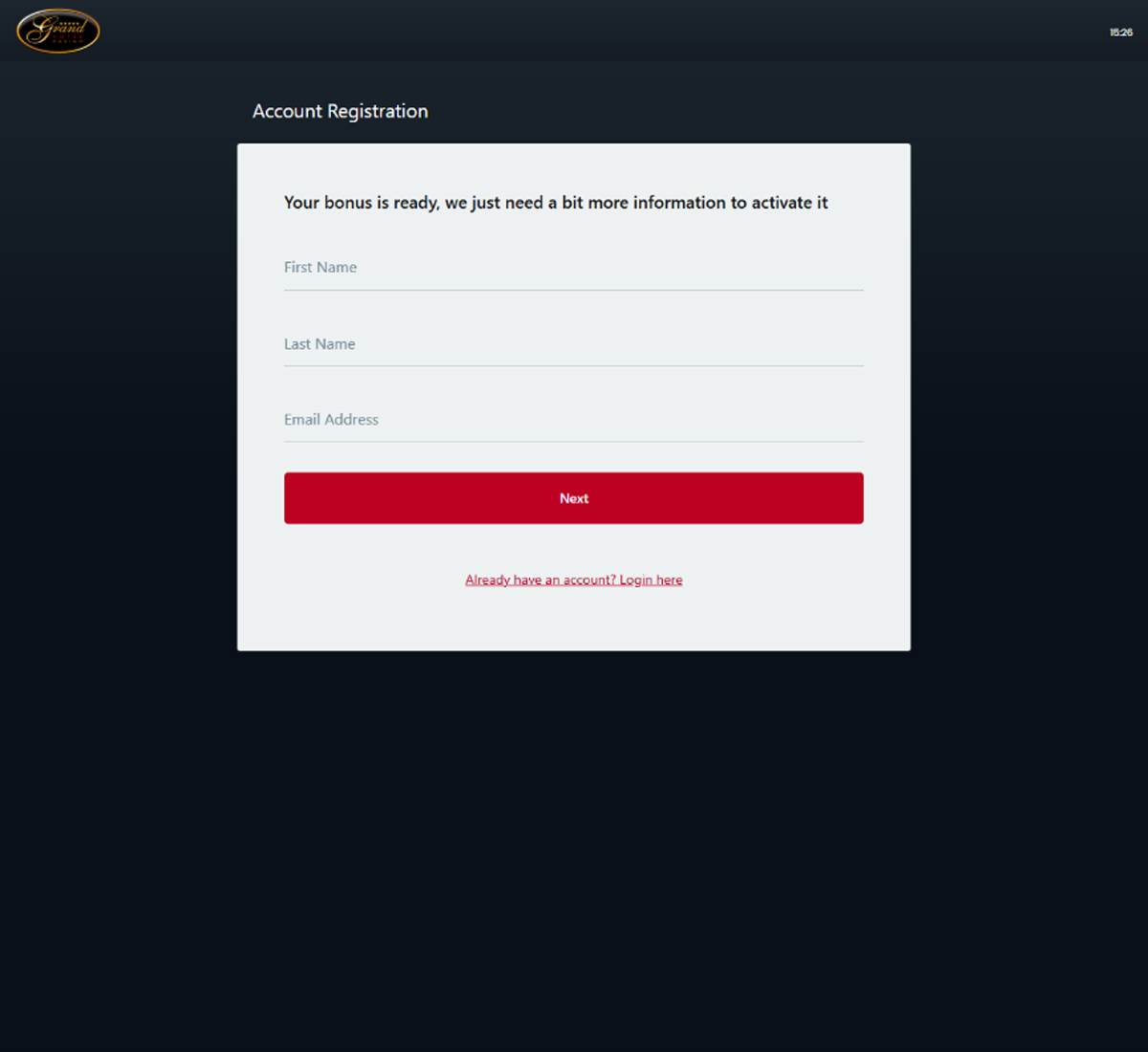 Grand Hotel Casino signup bonus page displaying new player bonus offer and promotional terms   captured during platform testing