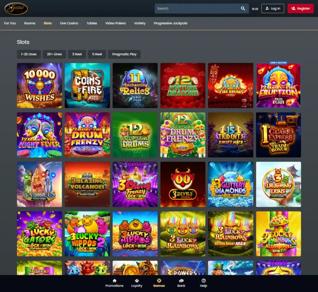 Grand Hotel Casino desktop slots lobby presenting a variety of slot games with categories and providers - tested