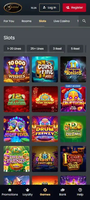 Grand Hotel Casino mobile slots interface showing slot game selection with popular titles and filtering options - captured during platform testing