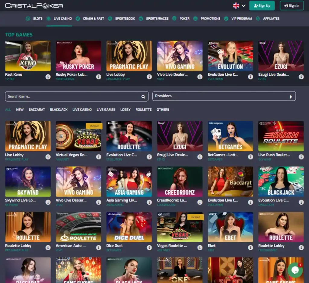 Cristal Poker Casino desktop live casino lobby featuring live dealer games and real-time streaming interface - Tested