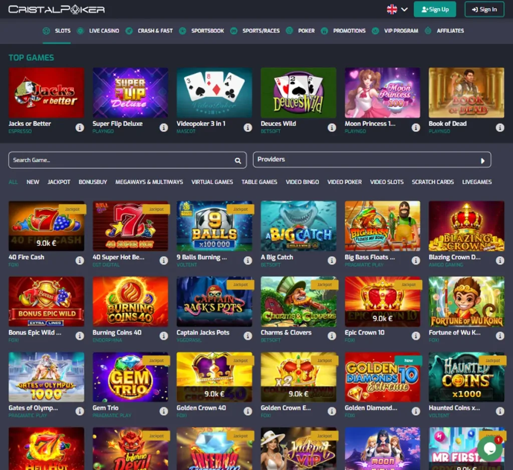 Cristal Poker Casino desktop slots lobby presenting a variety of slot games with categories and providers - Tested