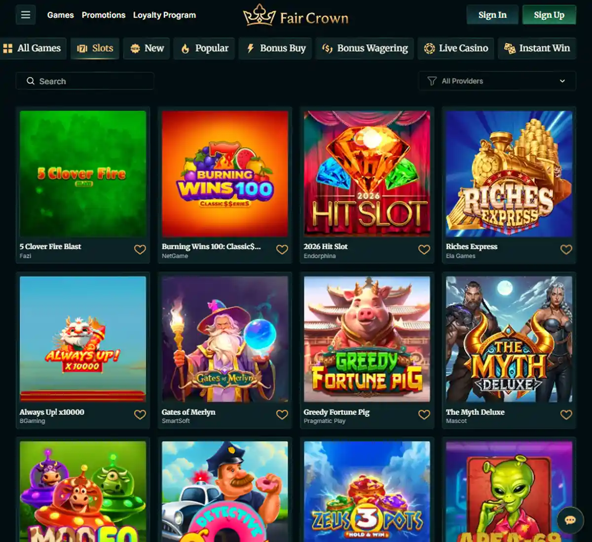 FairCrown Casino desktop slots lobby presenting a variety of slot games with categories and providers   tested