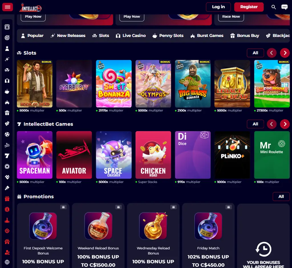 IntellectBet Casino desktop homepage screenshot displaying main sportsbook and casino lobby with featured betting markets, casino games, promotions and navigation menu   tested