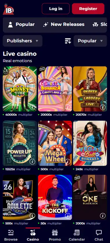 IntellectBet Casino mobile live casino interface showing live dealer tables including blackjack and roulette   captured during platform testing
