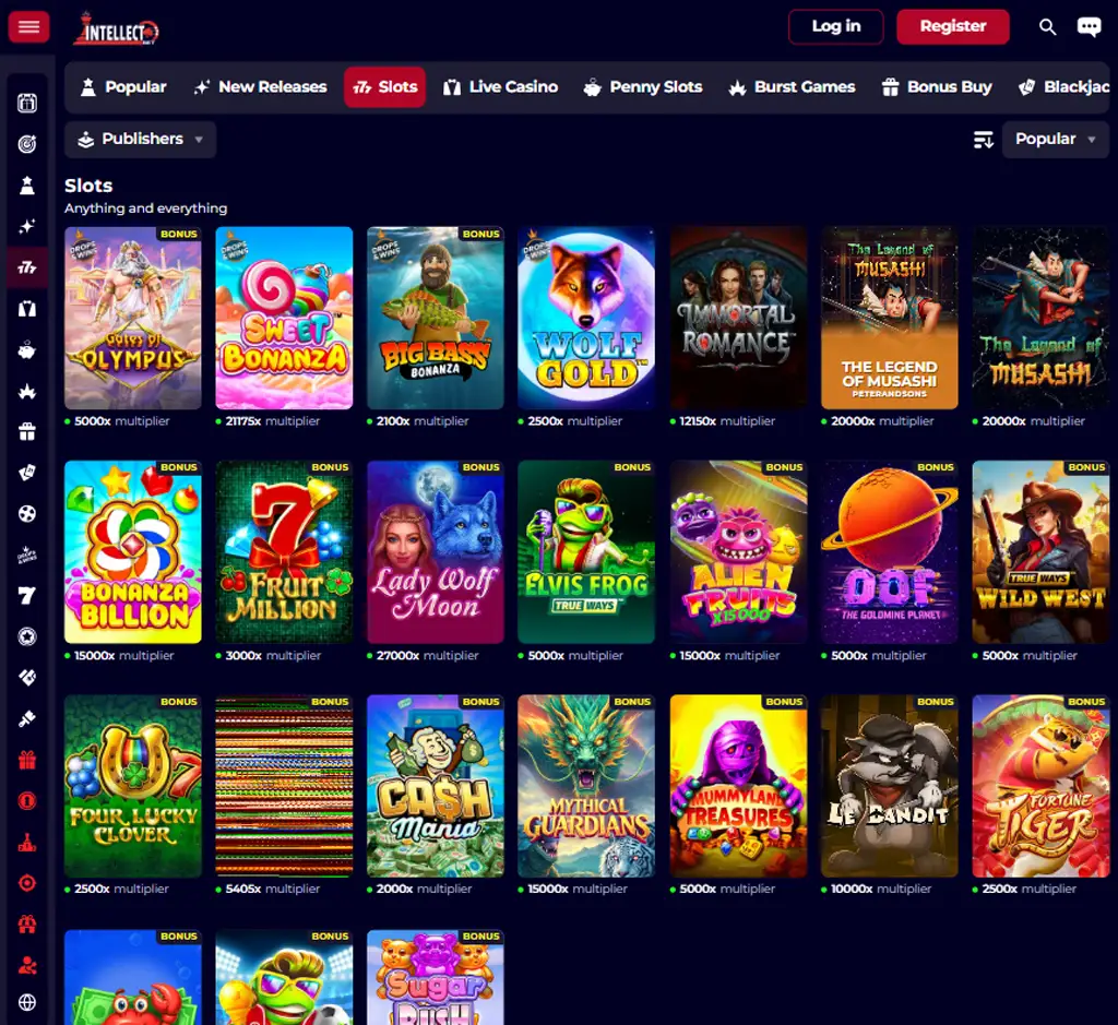 IntellectBet Casino desktop slots lobby presenting a variety of slot games with categories and providers   tested