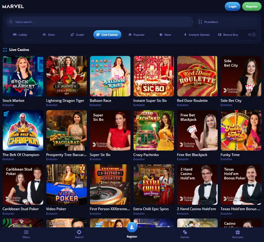 Marvel Casino desktop live casino lobby featuring live dealer games and real-time streaming interface - tested