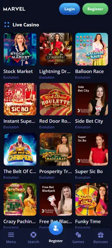 Marvel Casino mobile live casino interface showing live dealer tables including blackjack and roulette - captured during platform testing