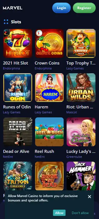Marvel Casino mobile slots interface showing slot game selection with popular titles and filtering options - captured during platform testing
