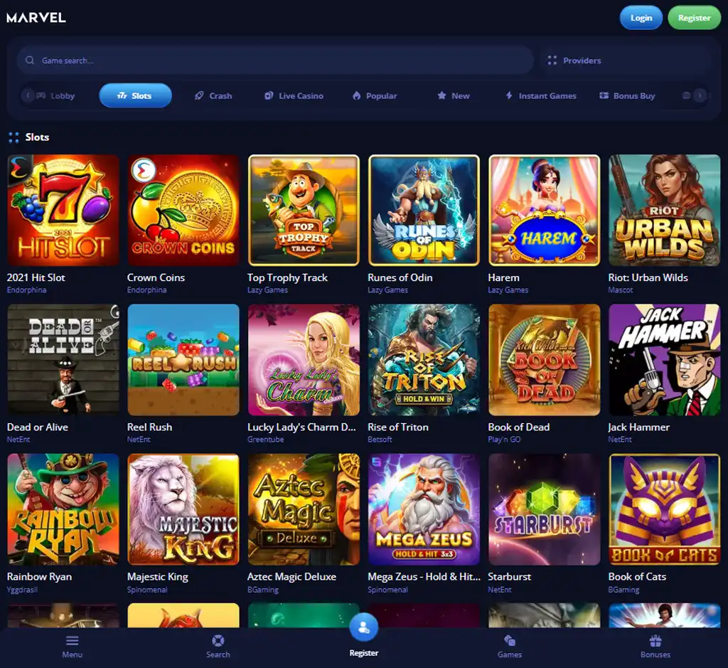 Marvel Casino desktop slots lobby presenting a variety of slot games with categories and providers - tested