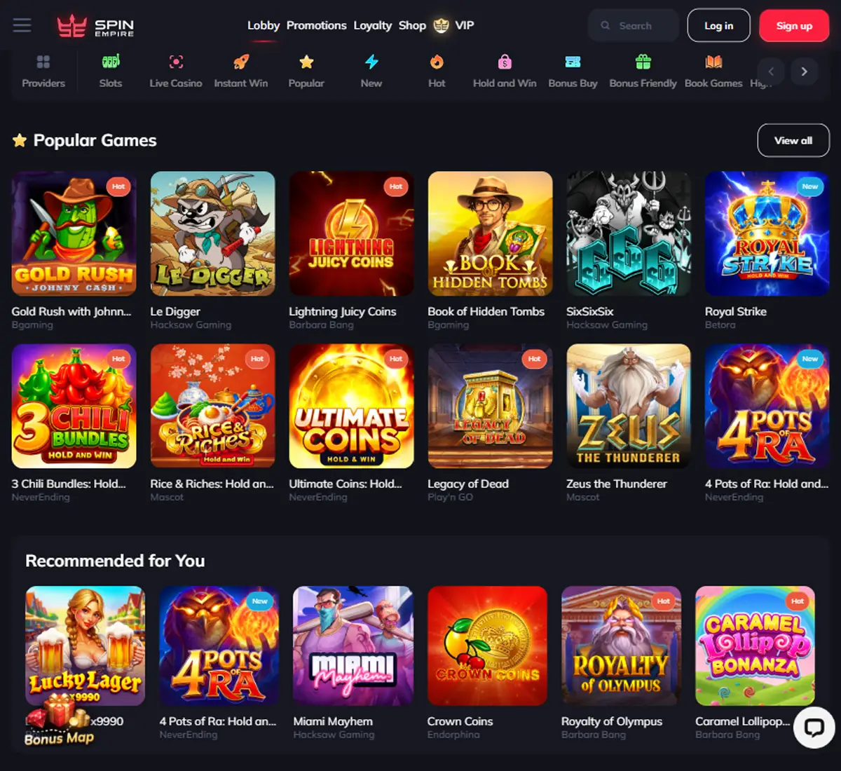 Spin Empire Casino desktop homepage screenshot displaying main casino lobby with featured games, promotions and navigation menu   tested