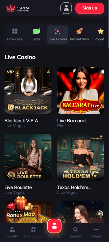 Spin Empire Casino mobile live casino interface showing live dealer tables including blackjack and roulette   captured during platform testing