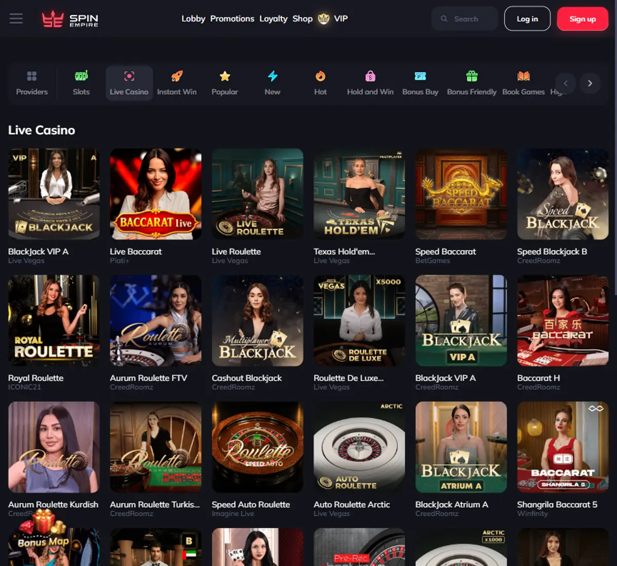 Spin Empire Casino desktop live casino lobby featuring live dealer games and real time streaming interface   tested