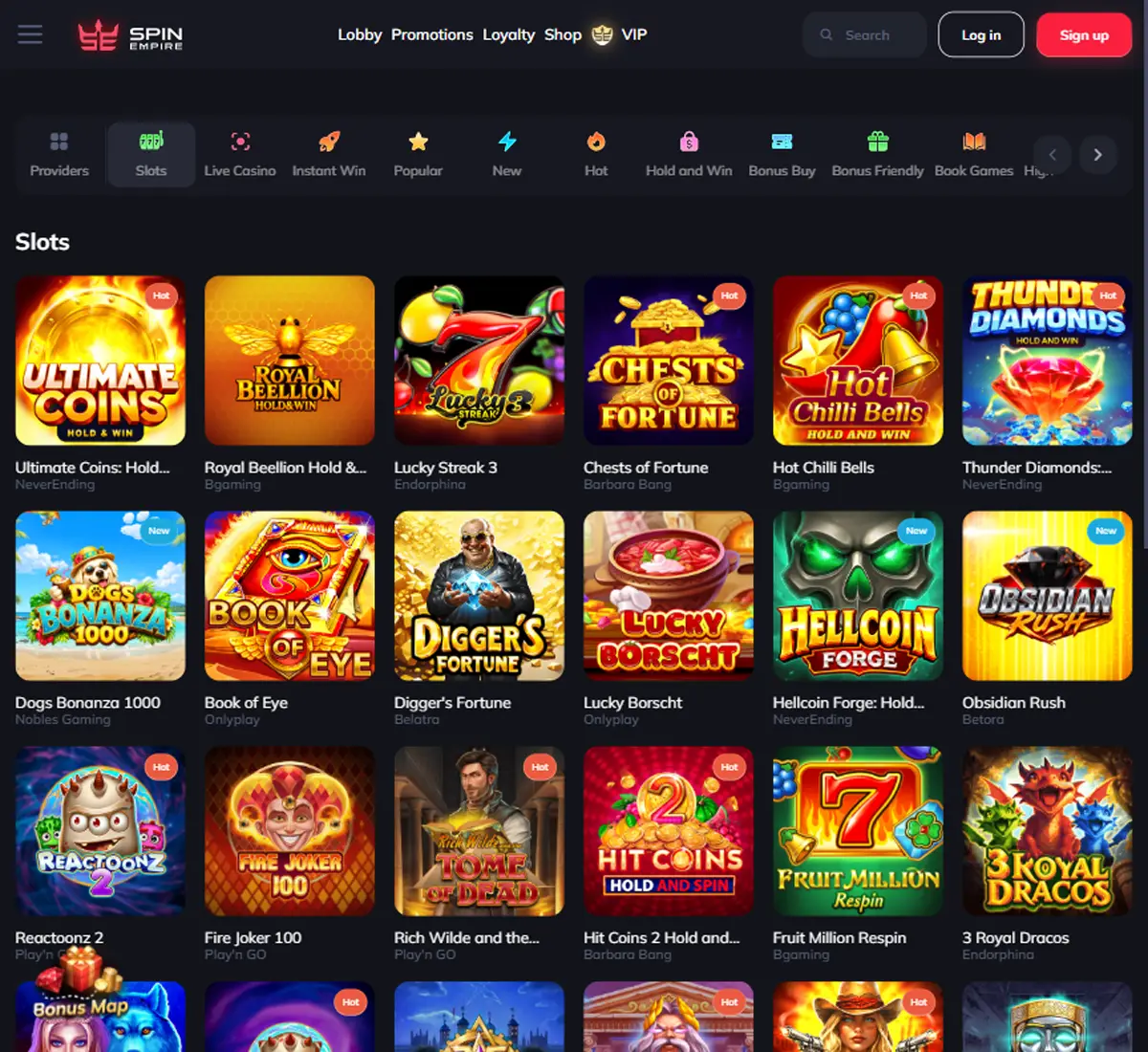 Spin Empire Casino desktop slots lobby presenting a variety of slot games with categories and providers   testedc